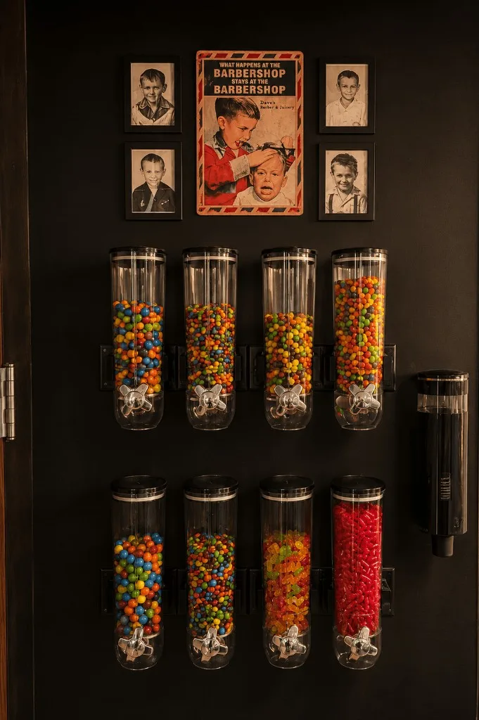Eight wall-mounted candy dispensers — M&Ms, jelly beans, Mike-and-Ikes — under framed vintage barbershop portraits.