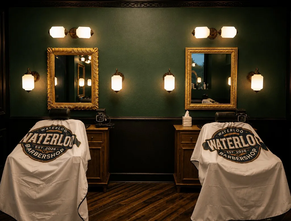 Two barber chairs draped in Waterloo capes beneath gilt mirrors and brass sconces