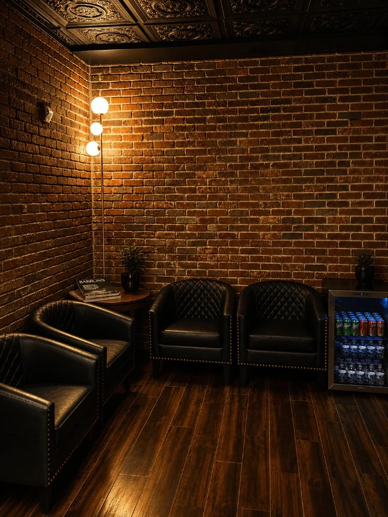 The lounge corner — black leather club chairs, brass floor lamp, exposed brick, dark wood floor, books and a beverage fridge.