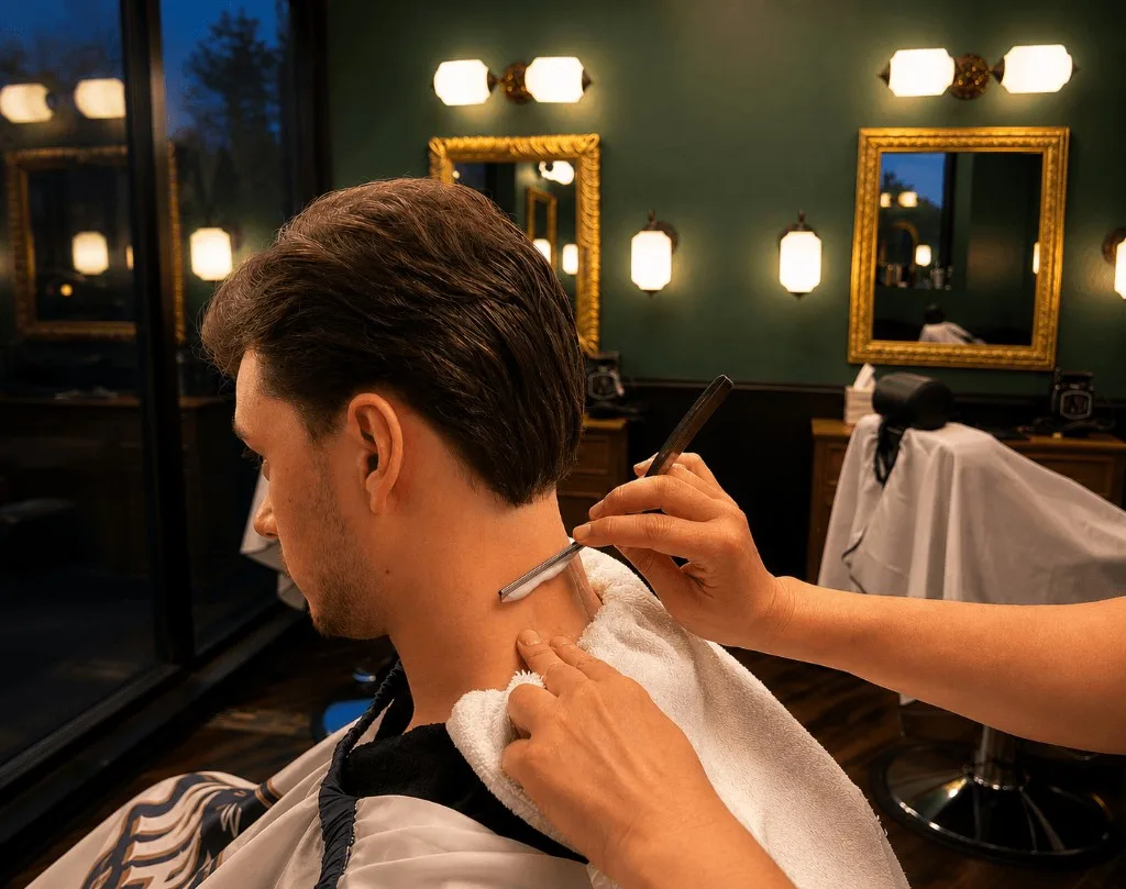 A barber sets the neckline with a straight razor on a patron at the chair, brass sconces glowing behind.