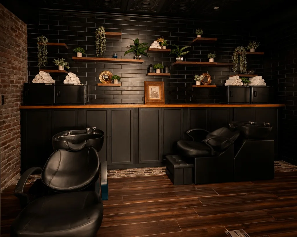 Two black wash basins at the back of the parlour, dark tile and exposed brick, rolled white towels stacked above.